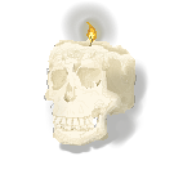 A flame burns in a skull candle.